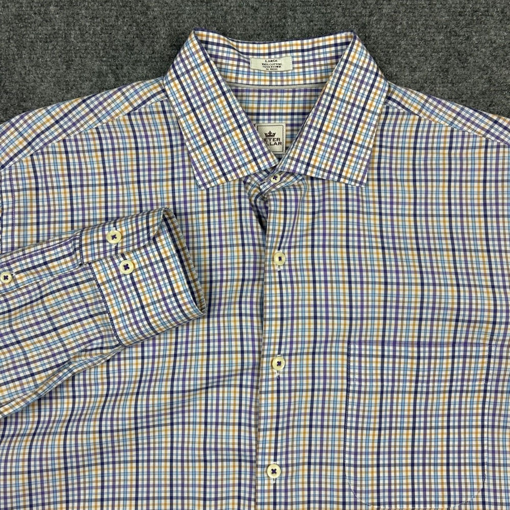 Peter Millar Button‎ Up Shirt Mens L Purple Blue Plaid Check Preppy Business